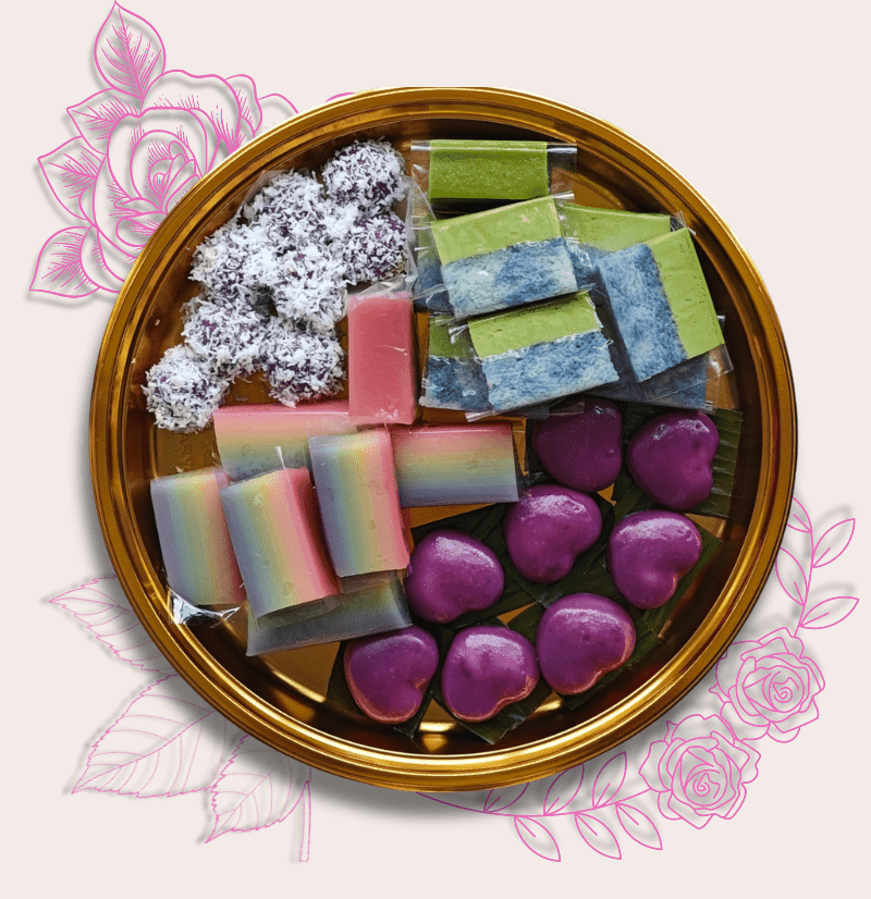 ABout Multi Varieties Platter (Purple Sweet Potato Ondeh Ondeh, Purple Sweet Potato Orh Nee AKK, Pandan Salat, Pastel Rainbow Kueh Lapis)