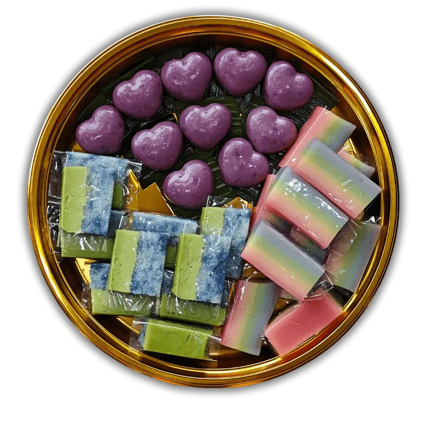 Multi Varieties Platter (Purple Sweet Potato Orh Nee AKK, Pandan Salat, Pastel Rainbow Kueh Lapis)