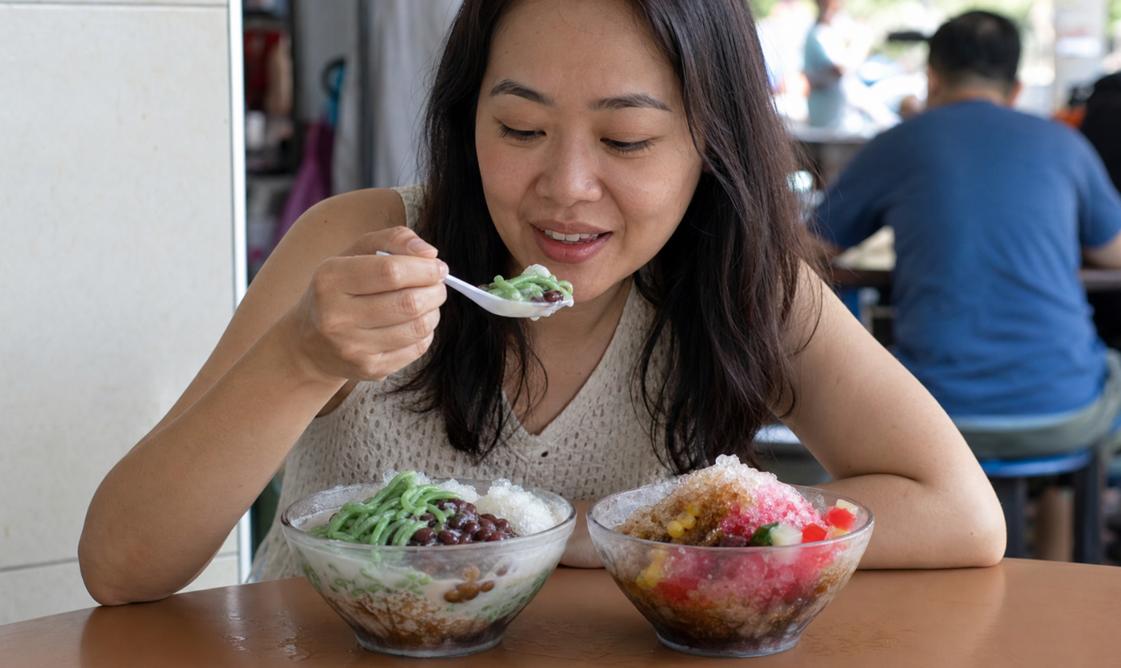 Lady eating dessert Woman enjoying colorful dessert bowls.